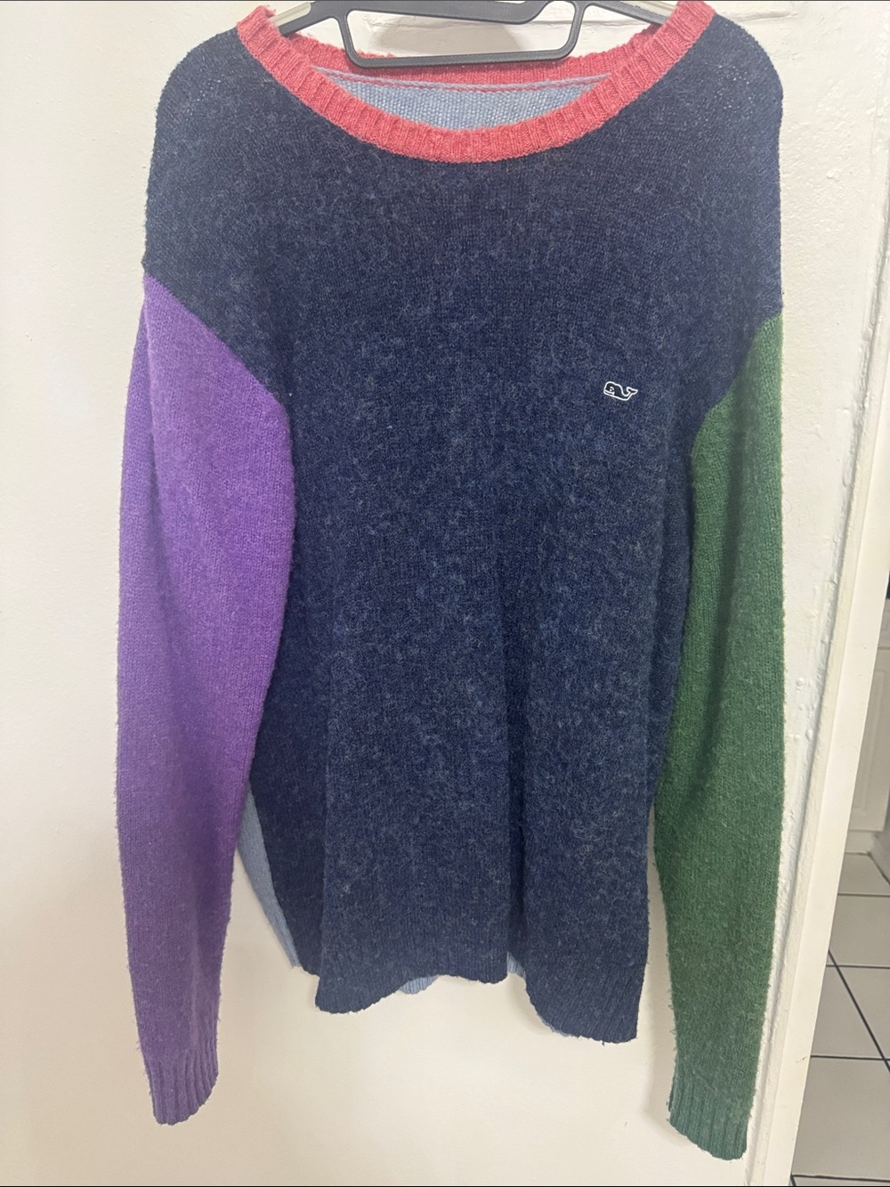 Men's Colorblock Crewneck Sweater - Navy with Purple & Green Accents
